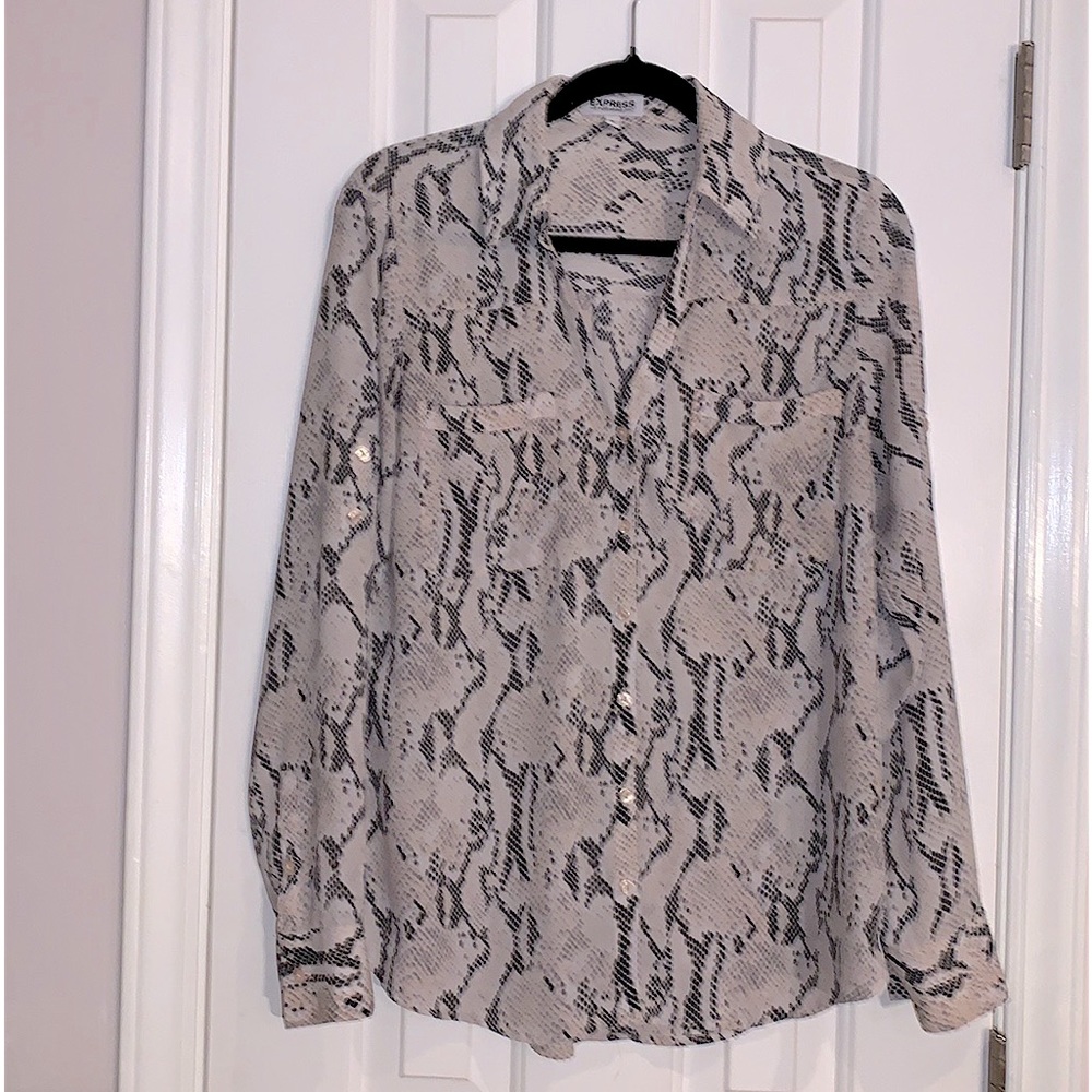 Express Snakeskin Semi Sheer Button Up Shirt, Lig… - image 1
